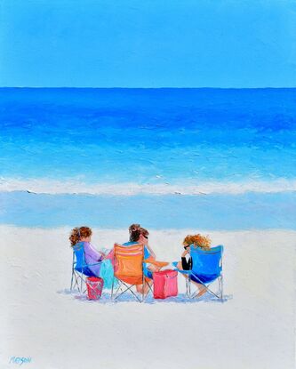 A colourful beach scene with three young women sitting in beach chairs chatting in front of the ocean.