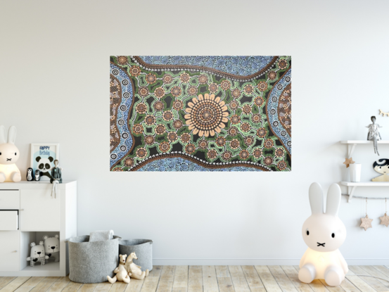 Detailed Aboriginal art neautral blue and green tones 