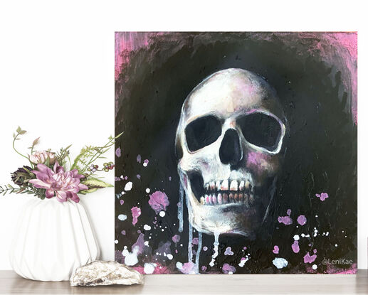 A modern painting of a skull, buy Sydney artist Leni Kae. 