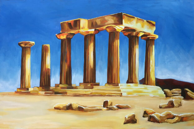 An ancient Greek temple ruin, in the bright afternoon sun, sitting atop a rise.