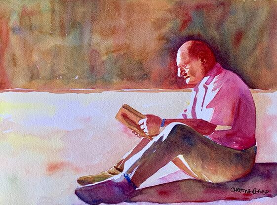 An artwork showing a man reading a book in the shade.
