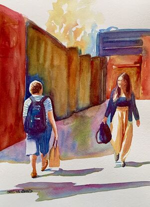 An artwork showing women passing each other on the high street.
