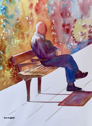 An artwork showing a man sitting on a high street bench waiting patiently for a bus. 