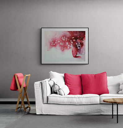 red, pink and white flowers in a red vase with long shadows