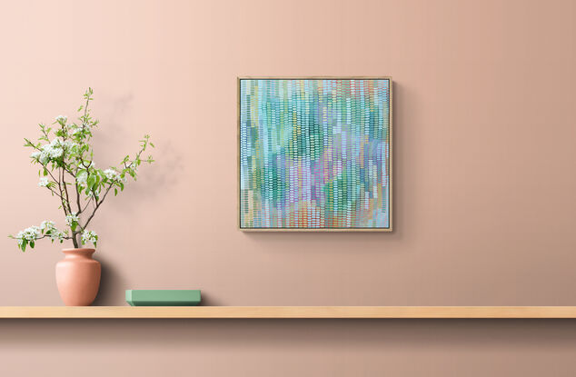 A joyful work full of pastel tones and colours, inspired by my garden outside my art studio. Shades of blue, ochre and all shades of green mark making creates a veneer over the  abstract landscape background, beautiful sunshine colours peeping through.