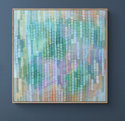 A joyful work full of pastel tones and colours, inspired by my garden outside my art studio. Shades of blue, ochre and all shades of green mark making creates a veneer over the  abstract landscape background, beautiful sunshine colours peeping through.