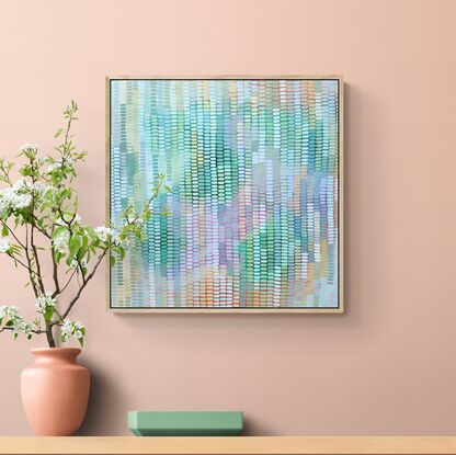 A joyful work full of pastel tones and colours, inspired by my garden outside my art studio. Shades of blue, ochre and all shades of green mark making creates a veneer over the  abstract landscape background, beautiful sunshine colours peeping through.