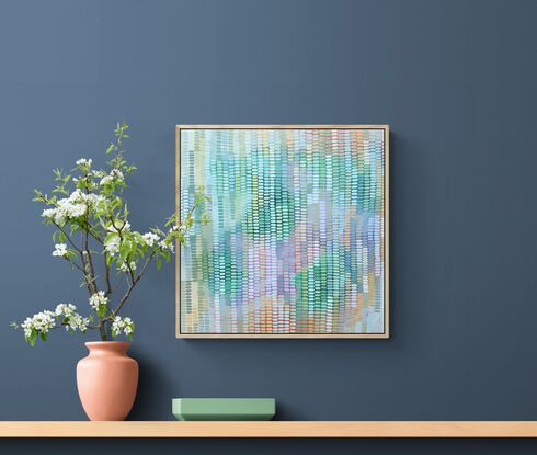 A joyful work full of pastel tones and colours, inspired by my garden outside my art studio. Shades of blue, ochre and all shades of green mark making creates a veneer over the  abstract landscape background, beautiful sunshine colours peeping through.