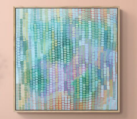 A joyful work full of pastel tones and colours, inspired by my garden outside my art studio. Shades of blue, ochre and all shades of green mark making creates a veneer over the  abstract landscape background, beautiful sunshine colours peeping through.