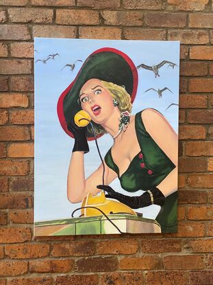 scared woman retro telephone with seagulls