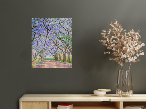 a boulevard depicting Spring in Australia with varying sizes of Jacaranda trees growing on either side, covered with clouds of blue and purple blossoms along their intertwining branches with fallen petals lying across the street