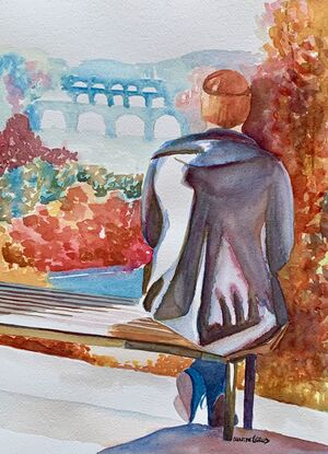 An artwork showing a man sitting on a bench looking at the arched viaduct bridge over a river.
