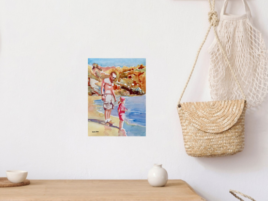 An artwork showing a girl and her father skimming stones at the ocean's edge on the beach.
