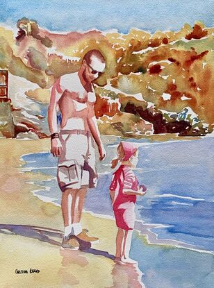 An artwork showing a girl and her father skimming stones at the ocean's edge on the beach.
