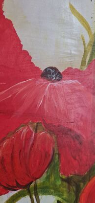 It is an acrylic painting of bright red colour poppy flowers with long lush green grass around.