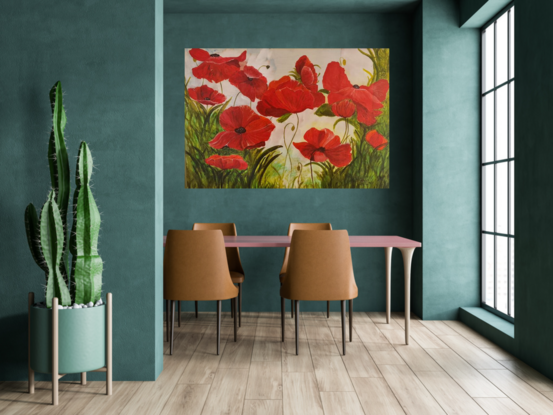 It is an acrylic painting of bright red colour poppy flowers with long lush green grass around.