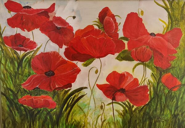 It is an acrylic painting of bright red colour poppy flowers with long lush green grass around.