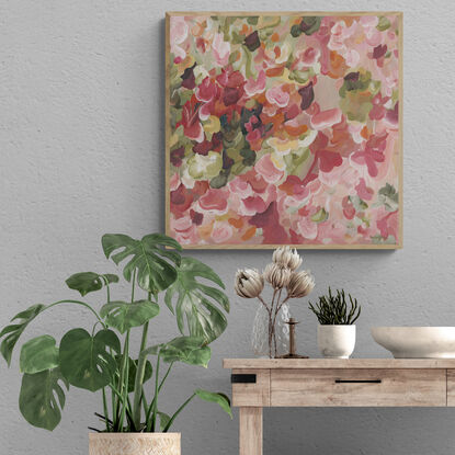 small modern red, pink and orange abstract floral landscape canvas art print