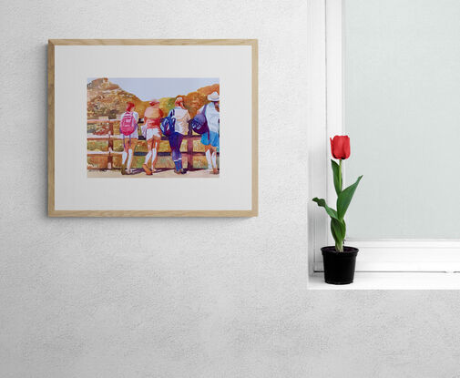 An artwork showing a group of girls leaning on a fence looking at the view whilst out hiking. 