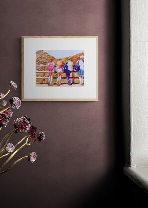 An artwork showing a group of girls leaning on a fence looking at the view whilst out hiking. 