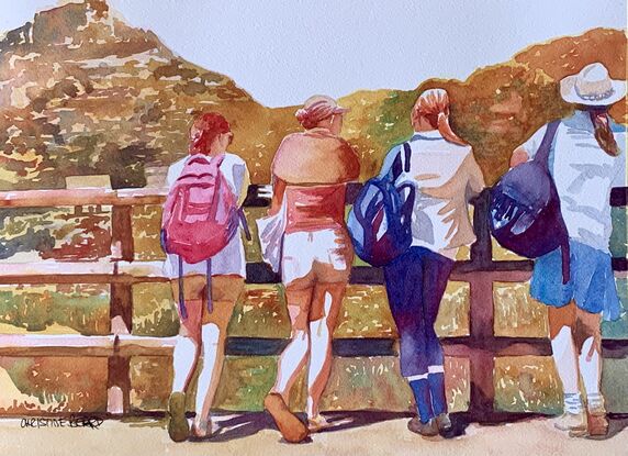 An artwork showing a group of girls leaning on a fence looking at the view whilst out hiking. 