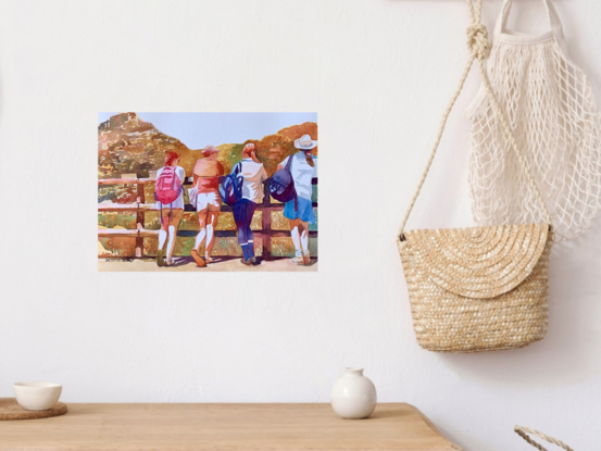 An artwork showing a group of girls leaning on a fence looking at the view whilst out hiking. 