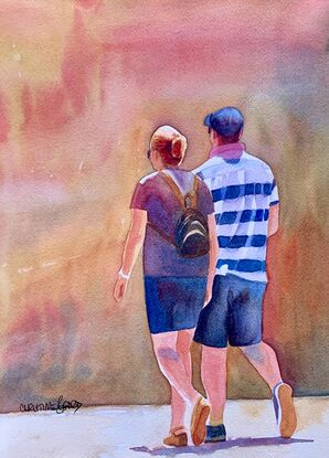 An artwork showing a couple walking in the Sydney sunshine. 