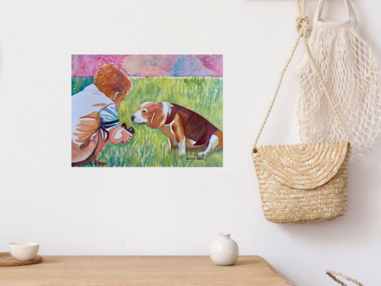 An artwork showing a young boy kneeling down talking to his dog. 