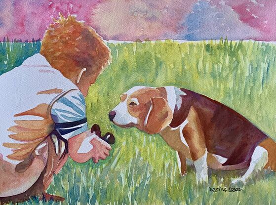 An artwork showing a young boy kneeling down talking to his dog. 