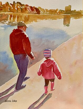 An artwork showing a father walking with his daughter. 