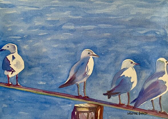 An artwork showing a row of seagulls standing on a metal perch. 