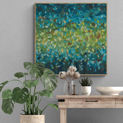 small blue and green abstract impressionist minimal water landscape painting