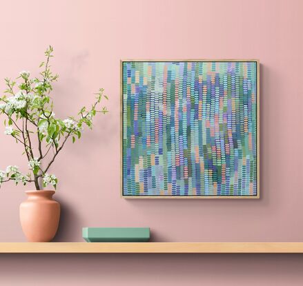 A joyful work full of deep to pastel tones and colours, inspired by my garden outside my art studio. Shades of blue, ochre and all shades of green mark making creates a veneer over the  abstract landscape background, beautiful sunshine colours peeping through.