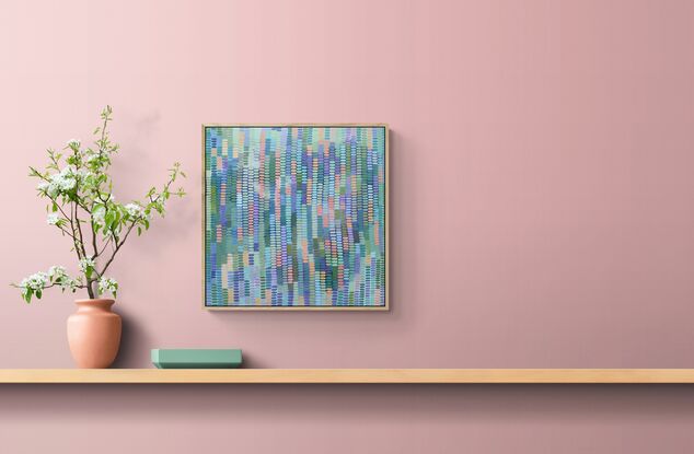 A joyful work full of deep to pastel tones and colours, inspired by my garden outside my art studio. Shades of blue, ochre and all shades of green mark making creates a veneer over the  abstract landscape background, beautiful sunshine colours peeping through.