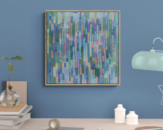 A joyful work full of deep to pastel tones and colours, inspired by my garden outside my art studio. Shades of blue, ochre and all shades of green mark making creates a veneer over the  abstract landscape background, beautiful sunshine colours peeping through.