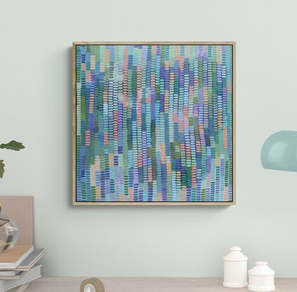 A joyful work full of deep to pastel tones and colours, inspired by my garden outside my art studio. Shades of blue, ochre and all shades of green mark making creates a veneer over the  abstract landscape background, beautiful sunshine colours peeping through.