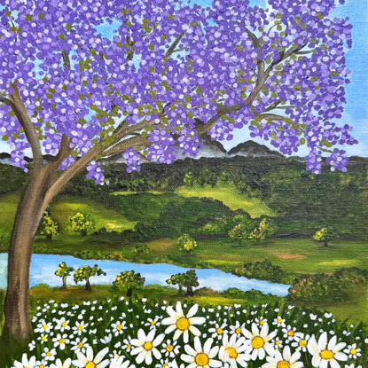 Jacaranda tree above a field of white daisies set against a a hinterland inspired backdrop with rolling green hills and blue sky