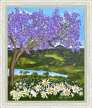 Jacaranda tree above a field of white daisies set against a a hinterland inspired backdrop with rolling green hills and blue sky