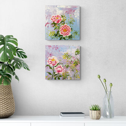 2 detailed, vibrant pink peonies against an abstract purple haze background. Created using acrylics on wood panel