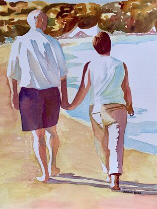 An artwork showing a couple walking leisurely on the beach. 