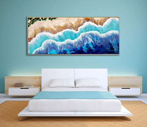 ABSTRACT painting that gives the impression of soothing ocean waves lapping in to soft sandy beach with slow easy waves creating crests of white..  The intricate mosaic pattern within the tonal blue hues and the glimmering metallics adds added interest and intrigue.
The closer you get to the painting the more of the interesting details and patterns you can see. Metallics add an extra depth because the painting changes personality when one views from different angles!the deep blues and aquamarine give the impressions of sun actively  sparkling on the water.
It is a panoramic shape that can be hung horizontally or vertically.  The green trees have been added for an interesting rich contrast of emerald and gold.
The dynamic colour combination is so natural that it fits any room and looks good on almost any colour wall!