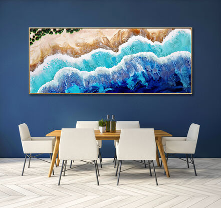 ABSTRACT painting that gives the impression of soothing ocean waves lapping in to soft sandy beach with slow easy waves creating crests of white..  The intricate mosaic pattern within the tonal blue hues and the glimmering metallics adds added interest and intrigue.
The closer you get to the painting the more of the interesting details and patterns you can see. Metallics add an extra depth because the painting changes personality when one views from different angles!the deep blues and aquamarine give the impressions of sun actively  sparkling on the water.
It is a panoramic shape that can be hung horizontally or vertically.  The green trees have been added for an interesting rich contrast of emerald and gold.
The dynamic colour combination is so natural that it fits any room and looks good on almost any colour wall!