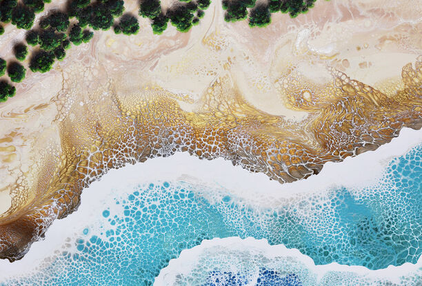 ABSTRACT painting that gives the impression of soothing ocean waves lapping in to soft sandy beach with slow easy waves creating crests of white..  The intricate mosaic pattern within the tonal blue hues and the glimmering metallics adds added interest and intrigue.
The closer you get to the painting the more of the interesting details and patterns you can see. Metallics add an extra depth because the painting changes personality when one views from different angles!the deep blues and aquamarine give the impressions of sun actively  sparkling on the water.
It is a panoramic shape that can be hung horizontally or vertically.  The green trees have been added for an interesting rich contrast of emerald and gold.
The dynamic colour combination is so natural that it fits any room and looks good on almost any colour wall!