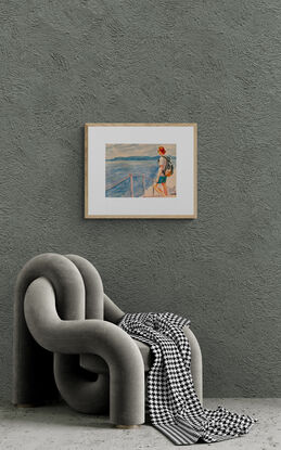 An artwork showing a man looking at an ocean view. 