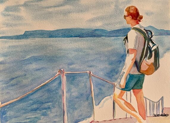 An artwork showing a man looking at an ocean view. 