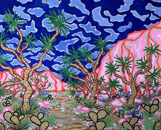 colorful painting of joshua tree in front of rocks and hills with blue sky