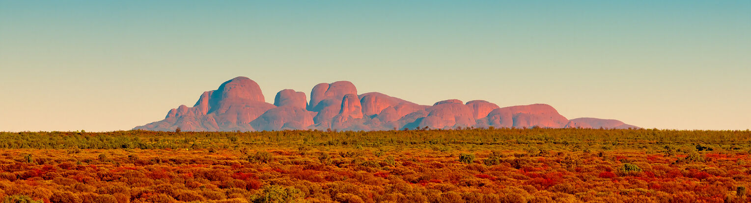 Panoramic photo of Mount Olga in Australia's Northern Territory, featuring stunning mountain range backdrop against rugged, red-hued foreground.