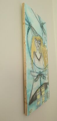 Encaustic art depicting yellow haired girl with dragonflies swirling about her