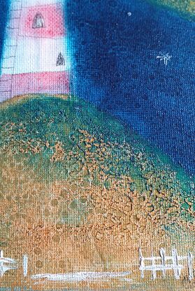 Oil painting of lighthouse and stars accented with stitching.