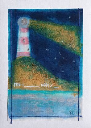 Oil painting of lighthouse and stars accented with stitching.